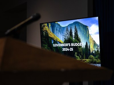 The podium before Gov. Gavin Newsom addresses the media to unveil his 2024-25 January budget proposal at the Secretary of State Auditorium in Sacramento on Jan. 10, 2024. Photo by Miguel Gutierrez Jr., CalMatters