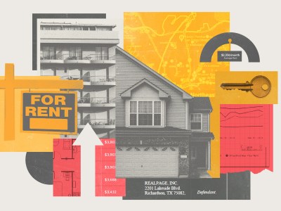 A collage-style illustration in red and yellow hues with various visuals related to housing and rent, including: a house, an apartment building, a Google maps screenshot, a "for rent" sign, a key, a line graph, rent prices, an arrow pointing up and a legal document.