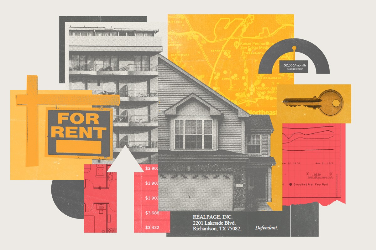 A collage-style illustration in red and yellow hues with various visuals related to housing and rent, including: a house, an apartment building, a Google maps screenshot, a "for rent" sign, a key, a line graph, rent prices, an arrow pointing up and a legal document.