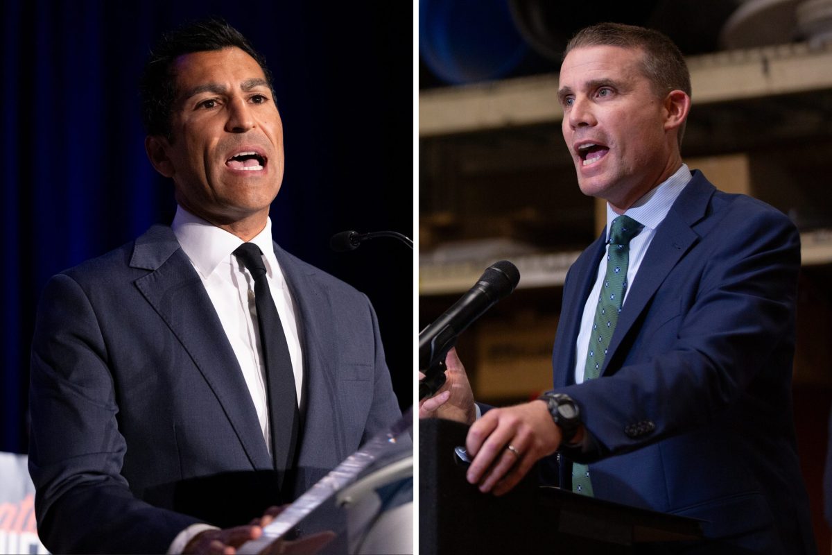 A split image showing two individuals speaking at podiums in separate settings. On the left, a person wearing a dark suit, white shirt, and black tie speaks passionately against a backdrop of deep blue curtains. On the right, another person, dressed in a navy suit, white shirt, and green tie, gestures while speaking, with an industrial background featuring shelves and equipment. Both individuals appear to be addressing an audience.